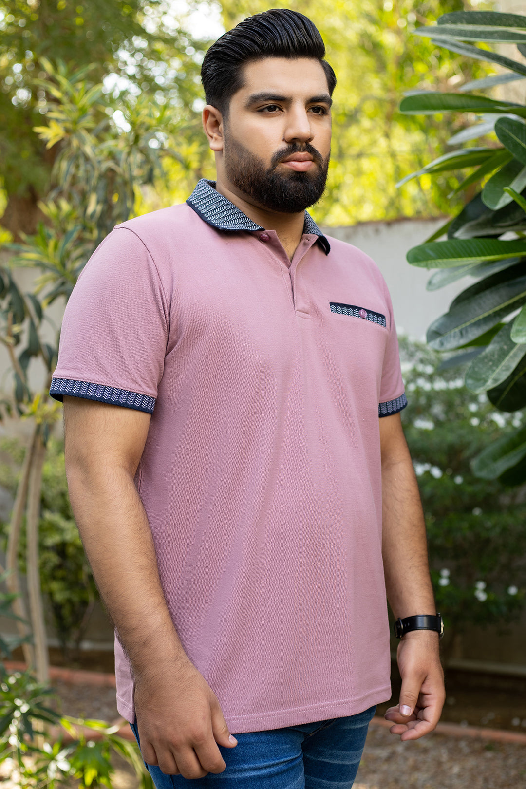 Dusky Pink Jacquard Collar Polo Shirt (Plus size) - A24 - MP0261P