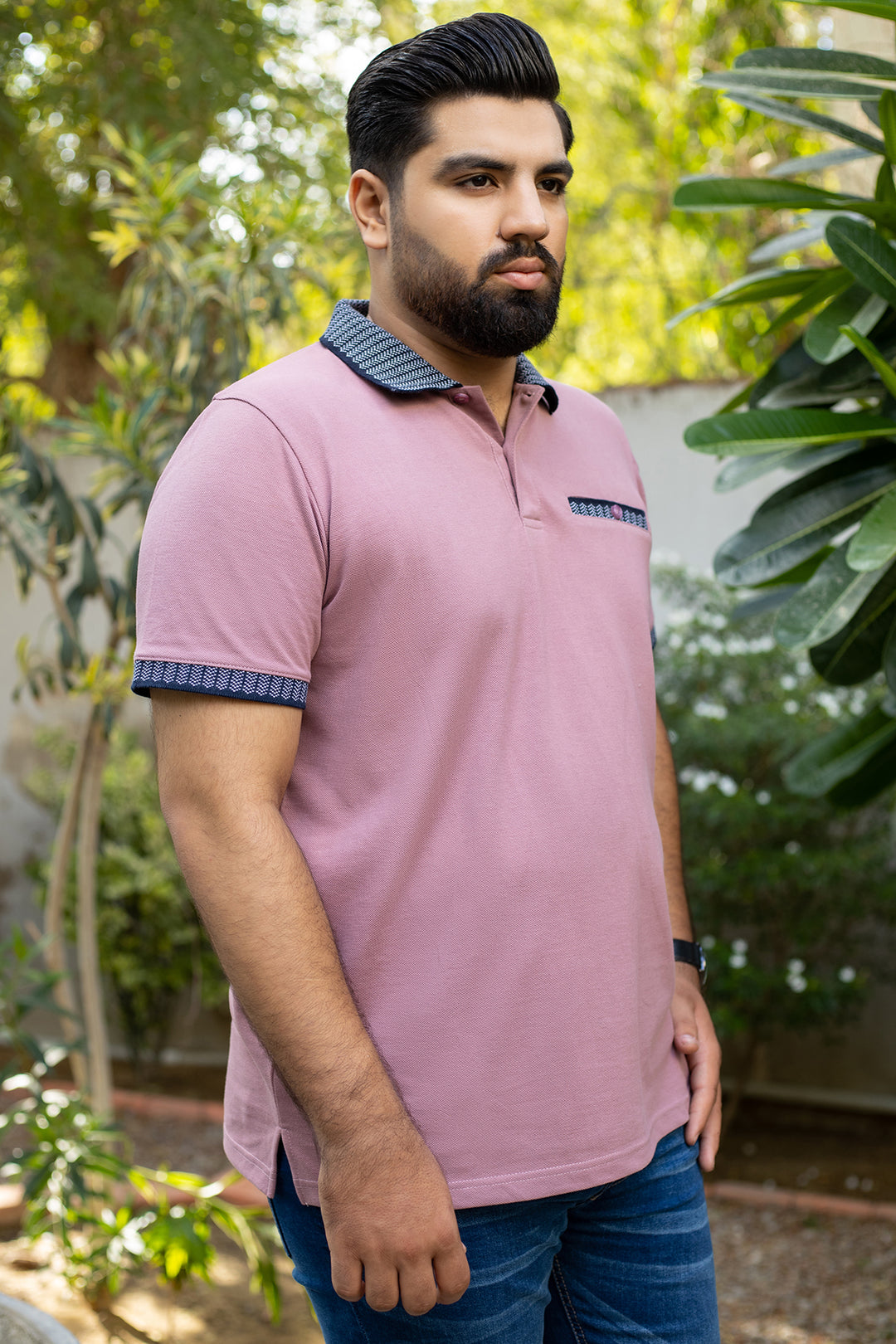 Dusky Pink Jacquard Collar Polo Shirt (Plus size) - A24 - MP0261P