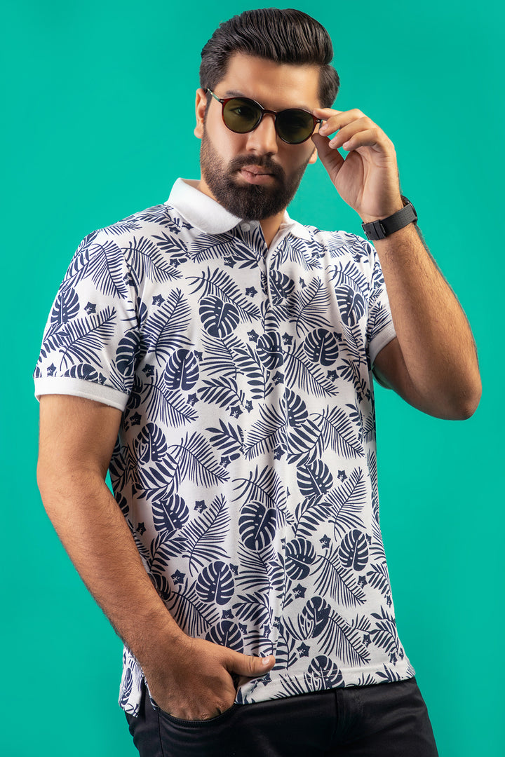 White Tropical Printed Polo Shirt (Plus Size) - S23 - MP0239P