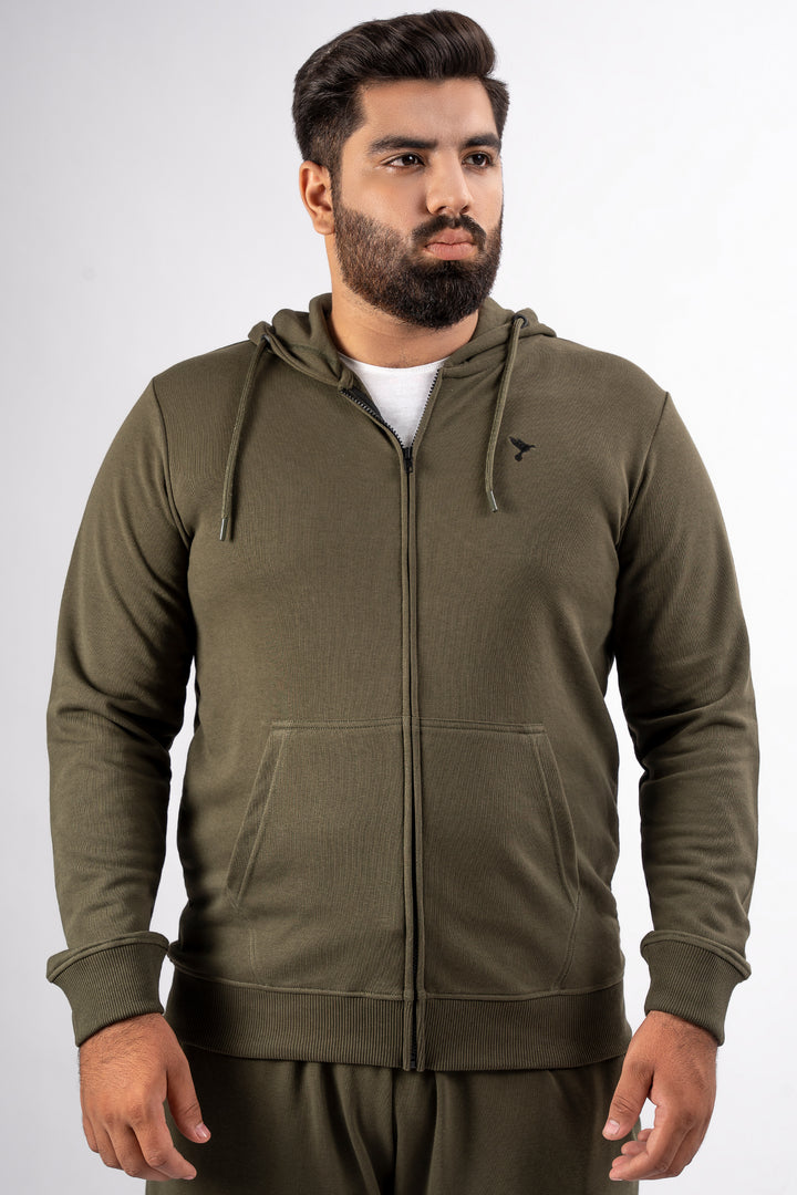 Army Green Embroidered Zipper Hoodie (Plus Size) - S24 - MH0094P