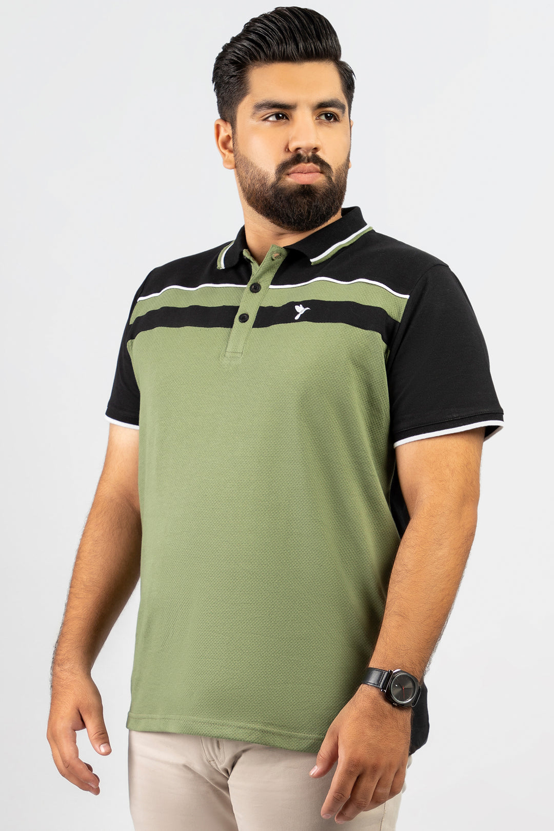 Olive & Black Popcorn Knit Polo Shirt (Plus size) - A24 - MP0264P