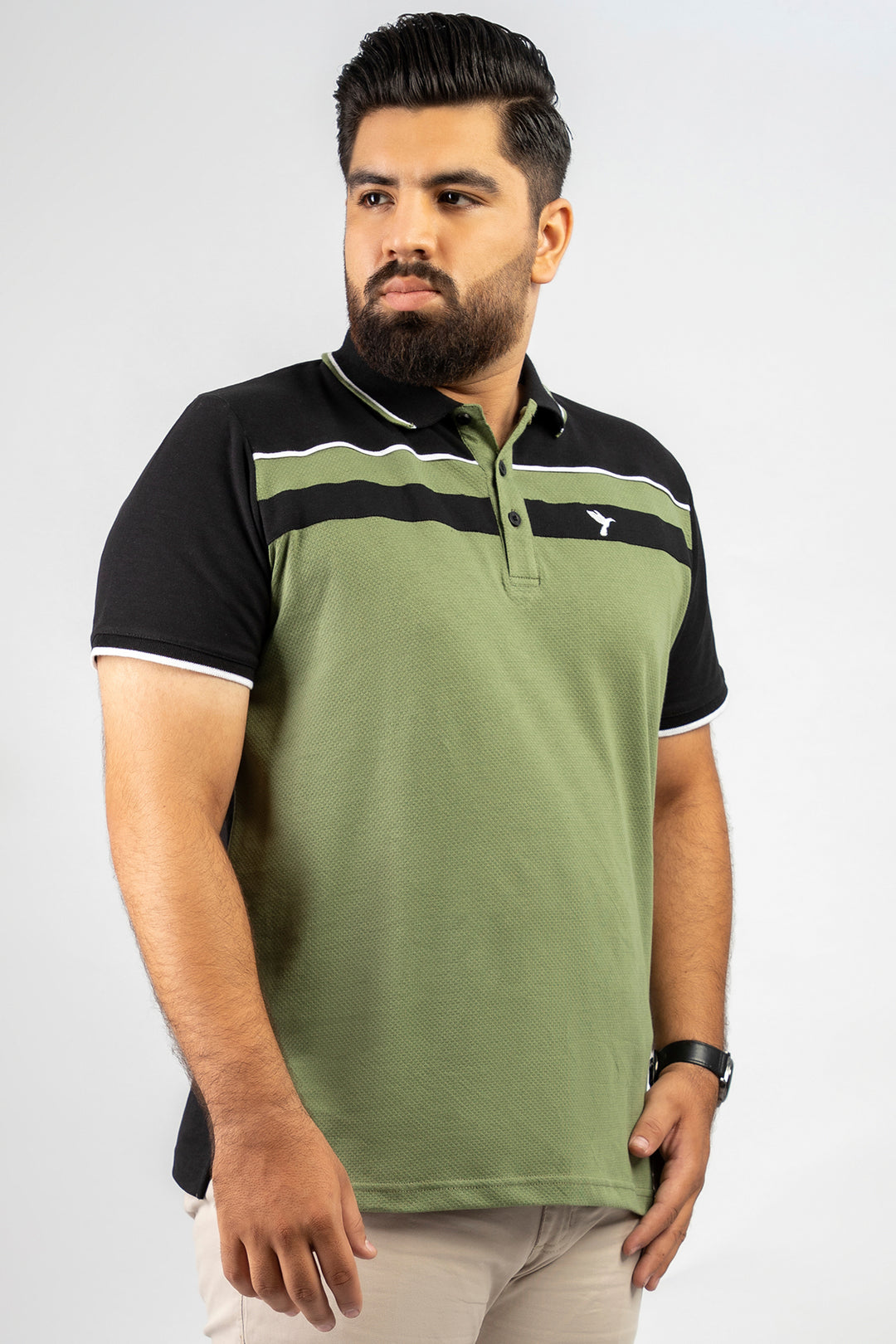 Olive & Black Popcorn Knit Polo Shirt (Plus size) - A24 - MP0264P