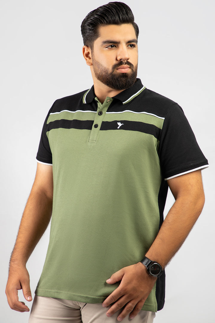 Olive & Black Popcorn Knit Polo Shirt (Plus size) - A24 - MP0264P