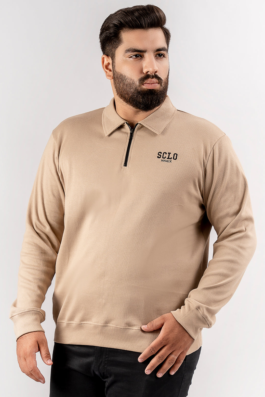 Beige Textured Quarter Zip Sweatshirt (Plus Size) - S24 - "MSW100P