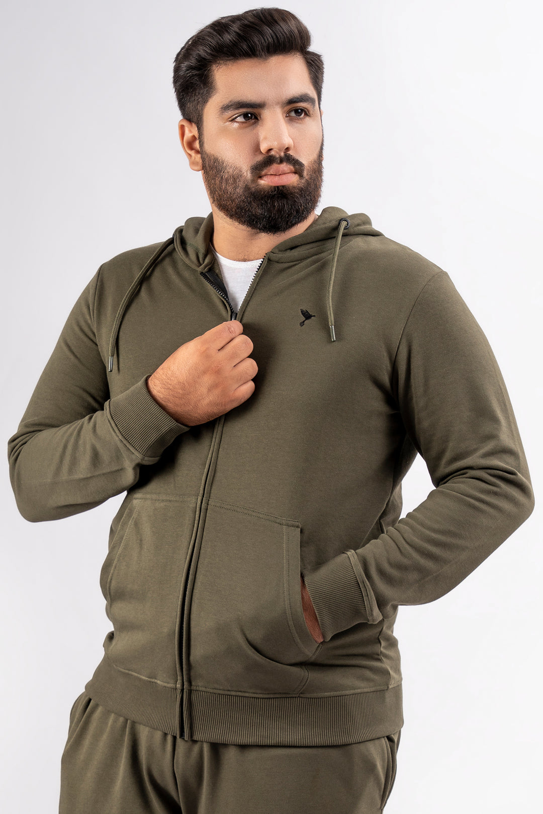 Army Green Embroidered Zipper Hoodie (Plus Size) - S24 - MH0094P