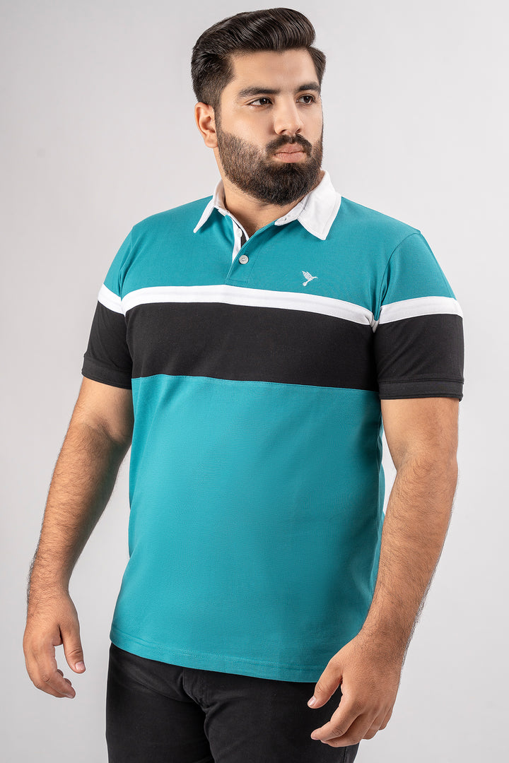 Teal Rugby Collar Cut & Sew Polo Shirt  (Plus Size) - S24 - MP0275P