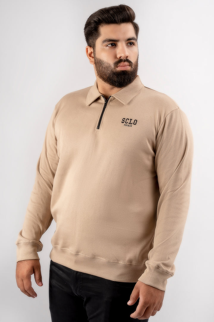 Beige Textured Quarter Zip Sweatshirt (Plus Size) - S24 - "MSW100P