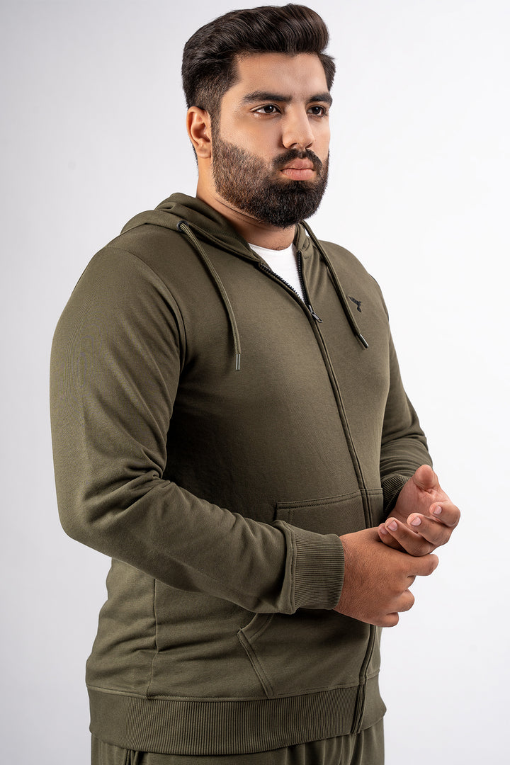 Army Green Embroidered Zipper Hoodie (Plus Size) - S24 - MH0094P