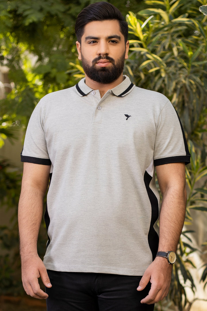 Grey Contrast Paneled Polo Shirt (Plus Size) - A24 - MP0249P