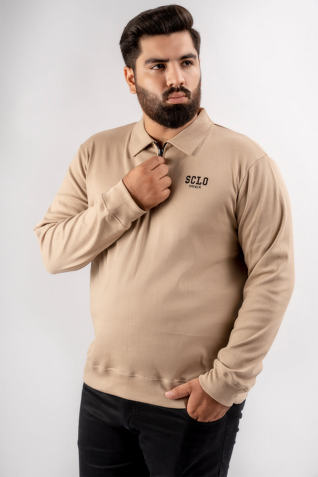 Beige Textured Quarter Zip Sweatshirt (Plus Size) - S24 - "MSW100P