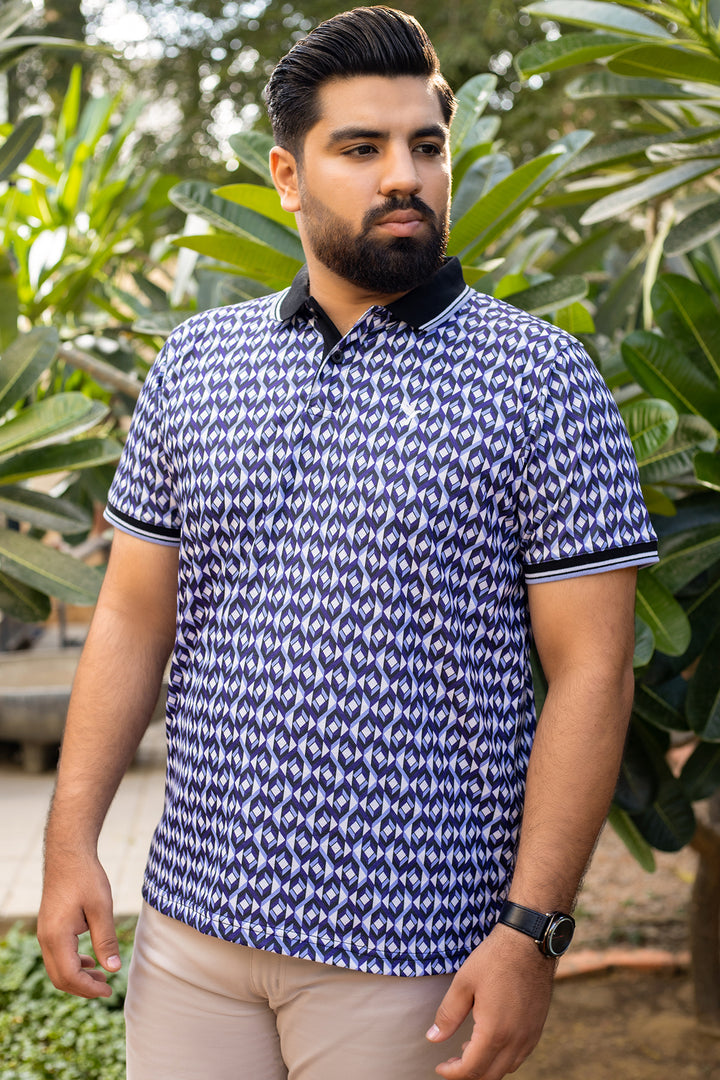 Blue Abstract Printed Polo Shirt (Plus size) - A24 - MP0270P