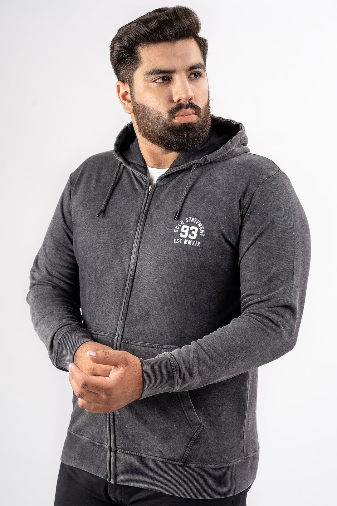 Black Acid Wash Zip Through Hoodie (Plus Size) - S24 - MH0082P