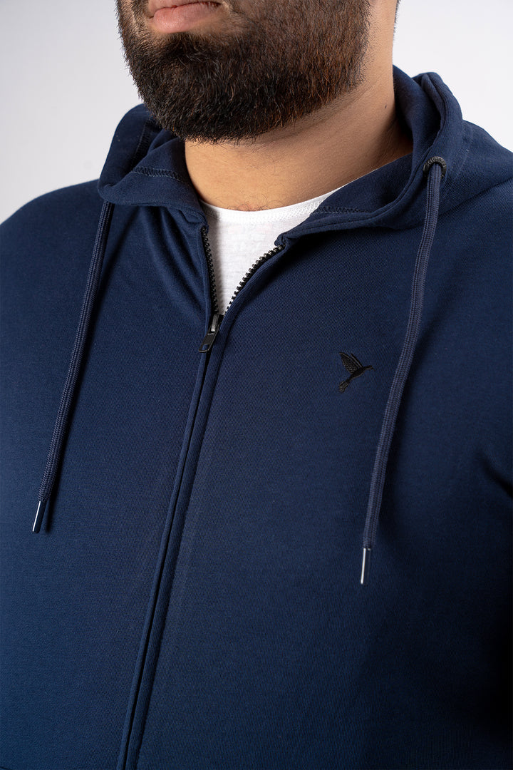 Navy Blue Embroidered Zipper Hoodie (Plus Size) - S24 - MH0093P