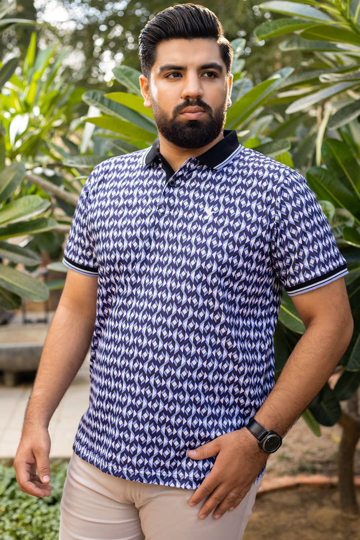 Blue Abstract Printed Polo Shirt (Plus size) - A24 - MP0270P