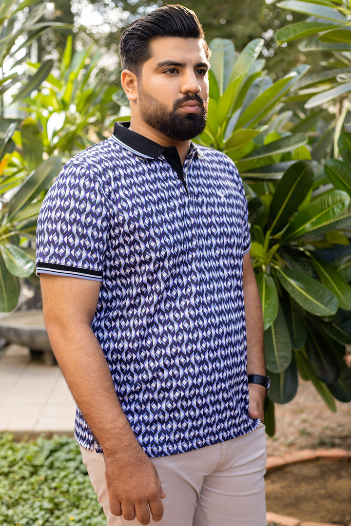 Blue Abstract Printed Polo Shirt (Plus size) - A24 - MP0270P