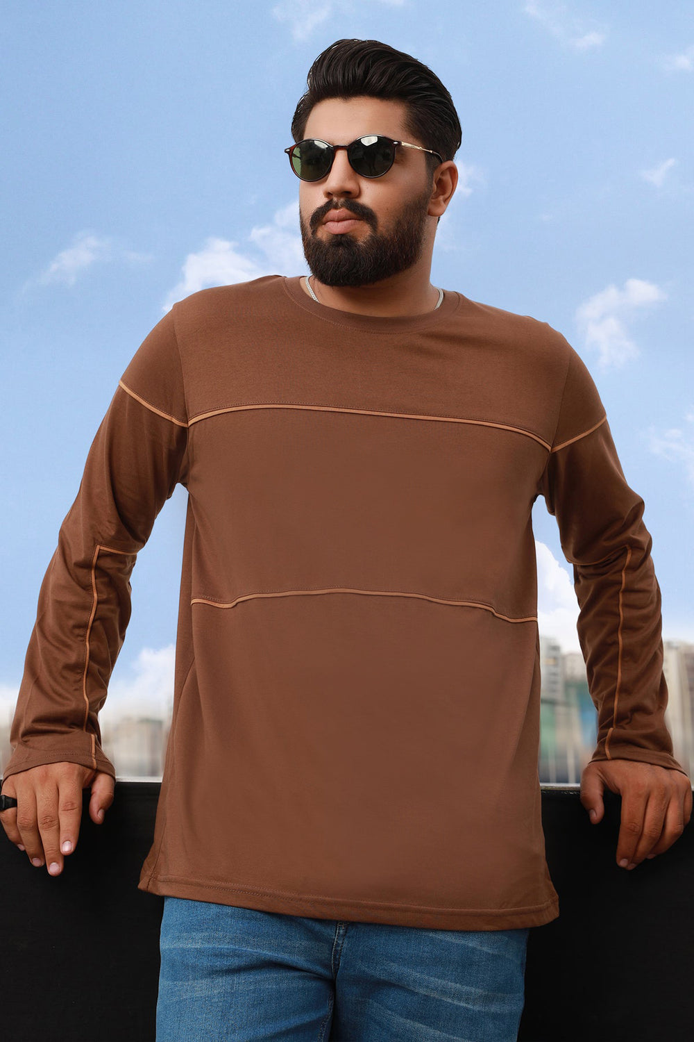 Brown Contrast Piping Panel T-Shirt