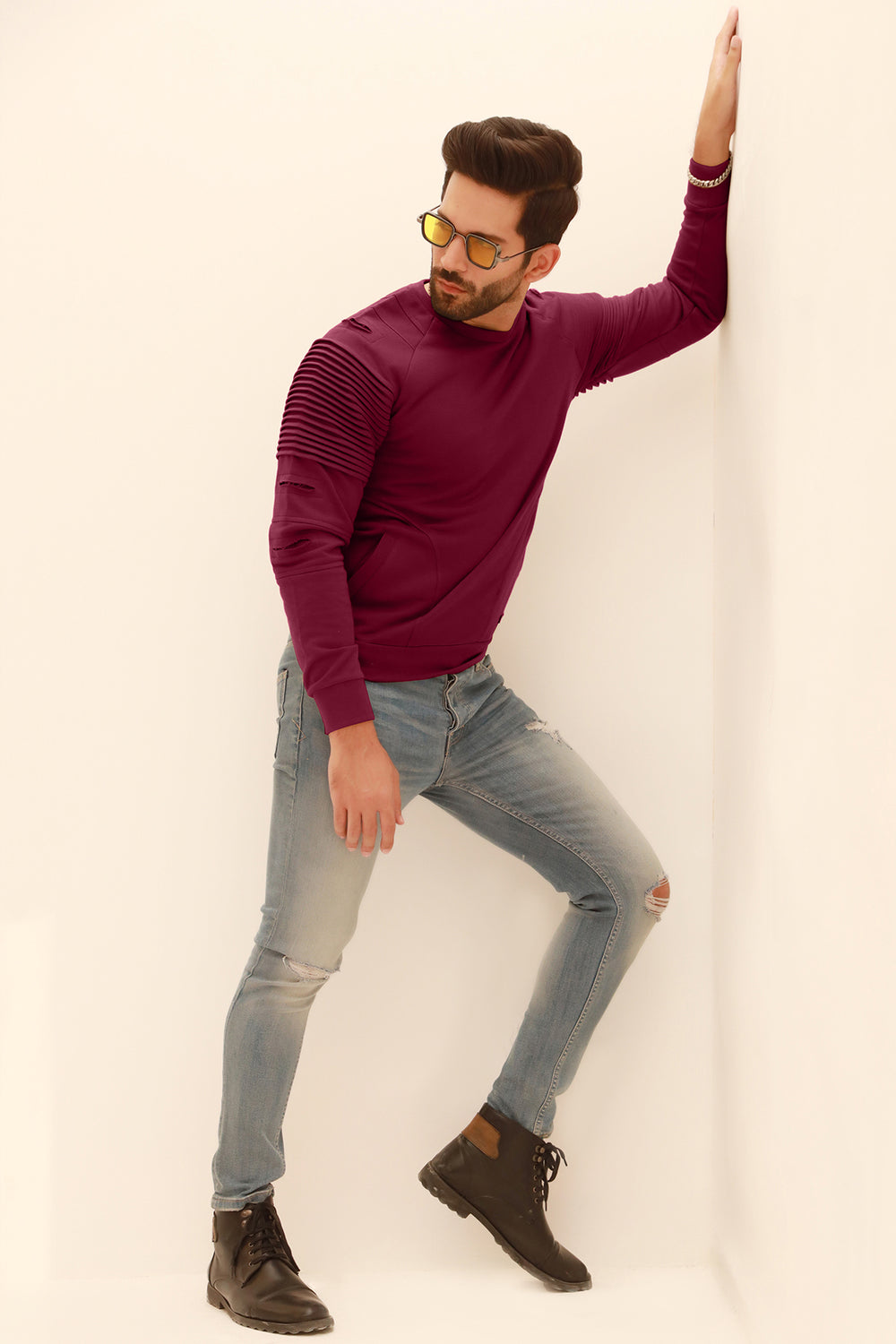 Maroon Pleated Raglan Sweatshirt in Pakistan 