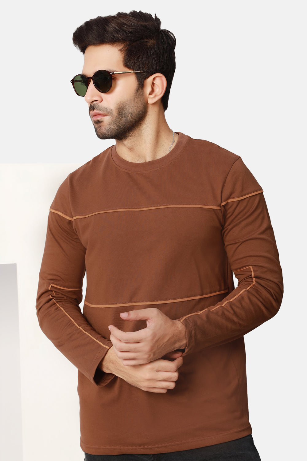 Brown Contrast Piping Panel T-Shirt