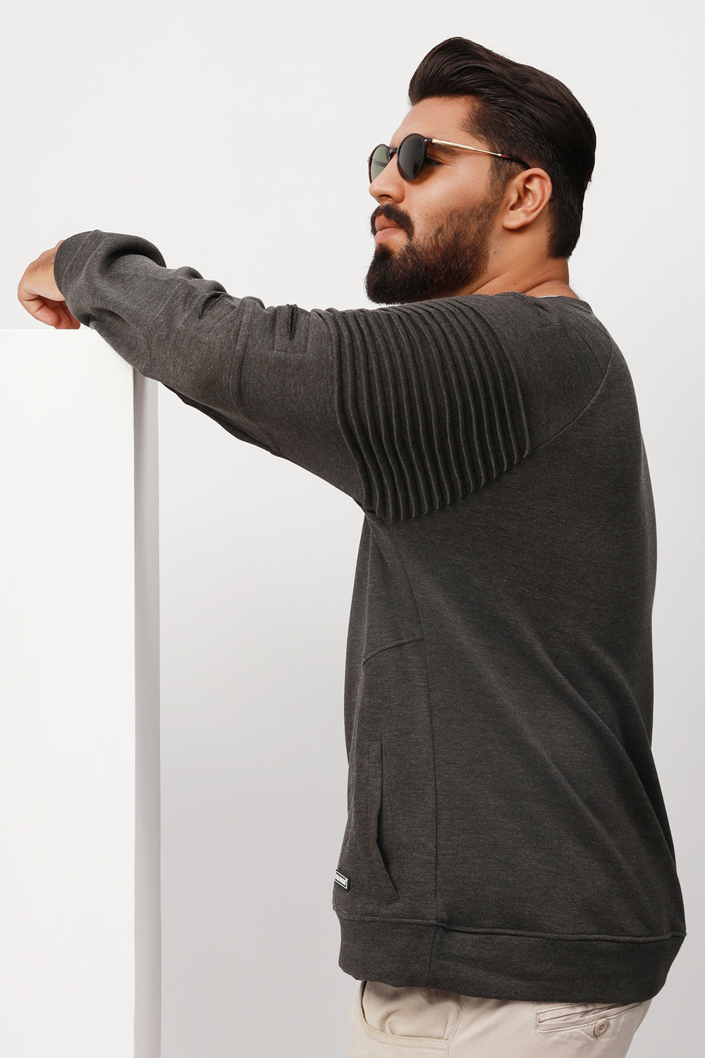 Charcoal Pleated Raglan Sweatshirt Men's Plus Size 