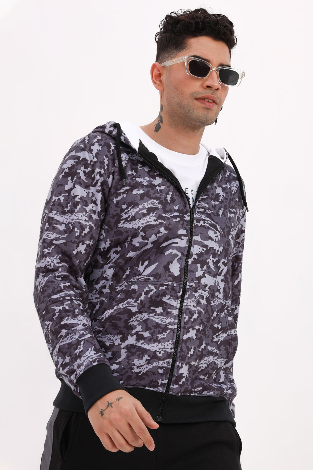 Grey Camo Printed Hoodie Men Regular