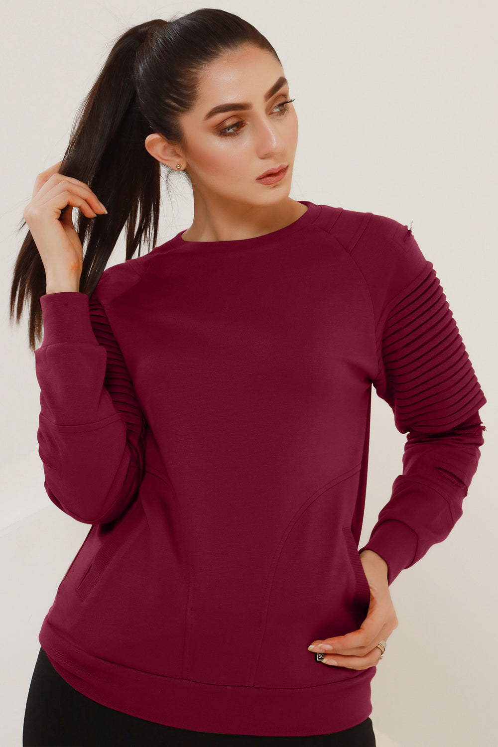 Maroon Pleated Raglan Sweatshirt Online in Pakistan