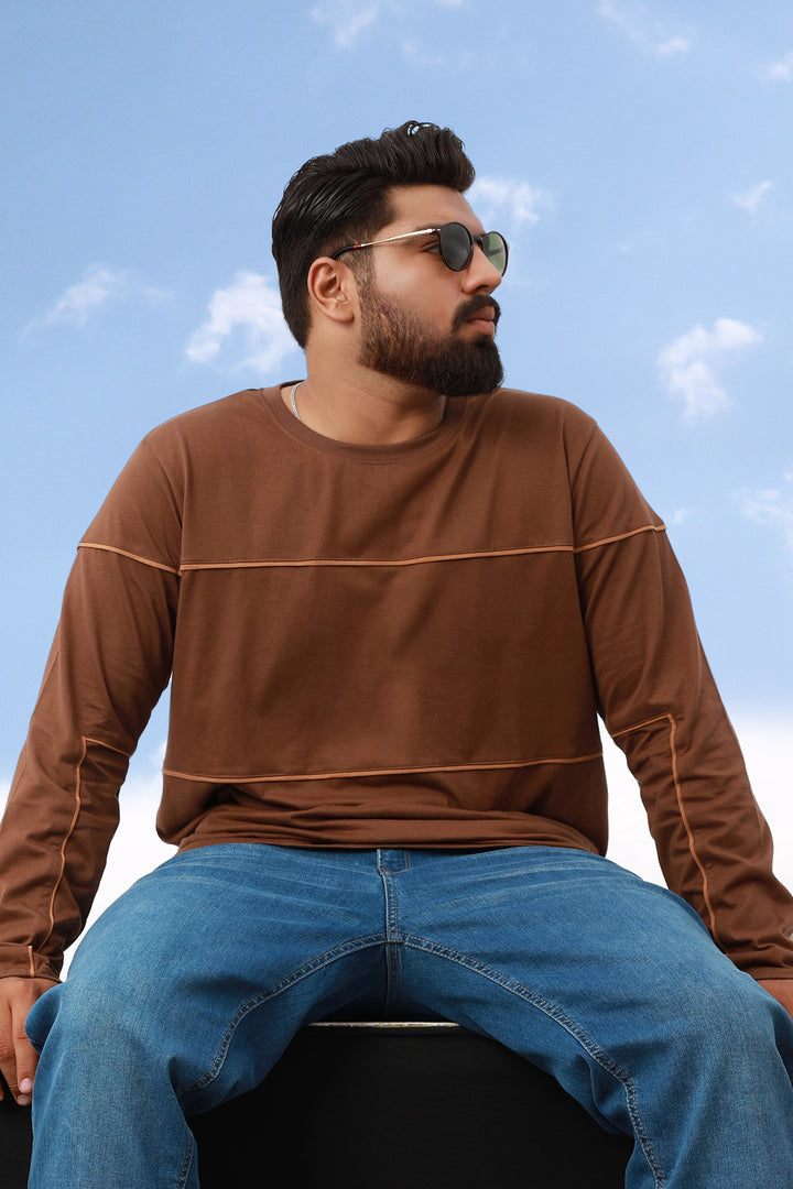 Brown Contrast Piping Panel T-Shirt